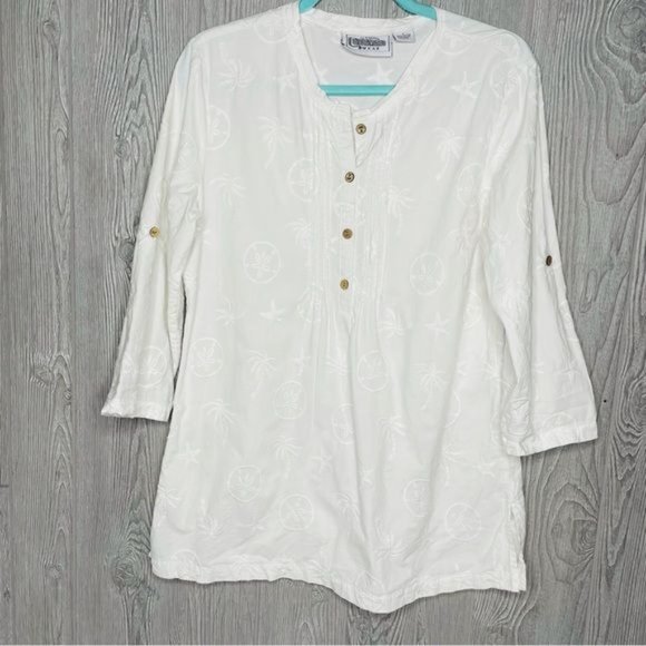 Casual cotton seed nautical star fish palm shirt w/ wood buttons tropical shirt - Picture 3 of 7